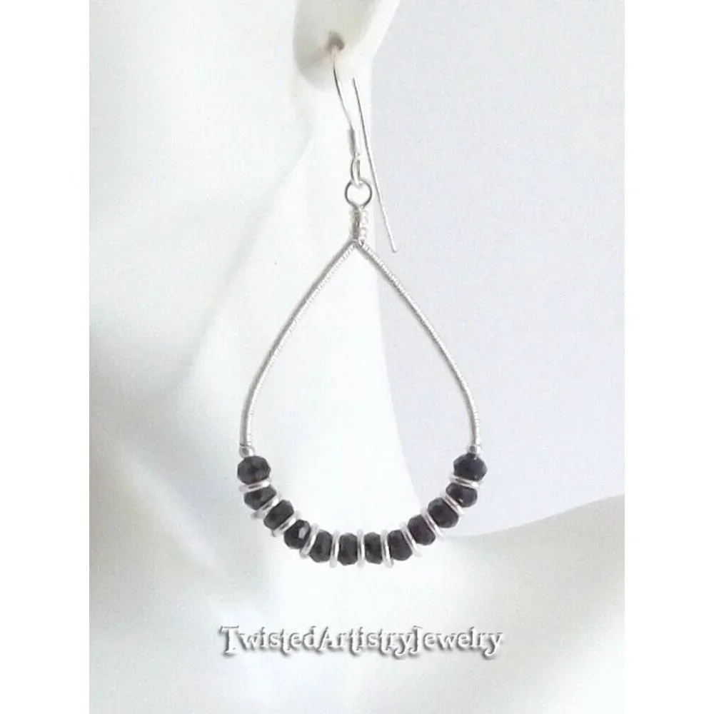 Black Crystals and Silver Wire Wrapped Teardrop Hoop Earrings Handmade - Picture 2 of 3